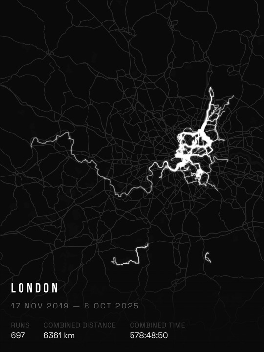 Composite heat-map poster: 697 London runs layered in white on black, with combined distance and time stats