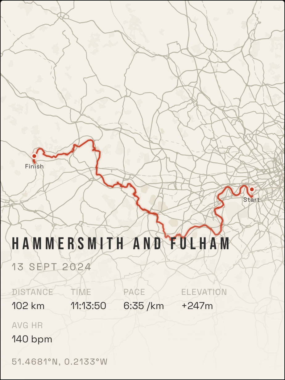 Single-run poster: a 102 km ultra route drawn in red on a cream map, with distance, time, pace, elevation and heart-rate stats