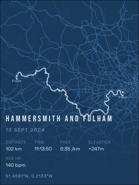 The same run rendered in the Blueprint theme: white route on architectural blue