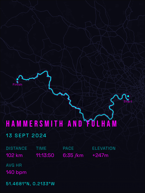 The same run rendered in the Neon theme: glowing route on dark ground